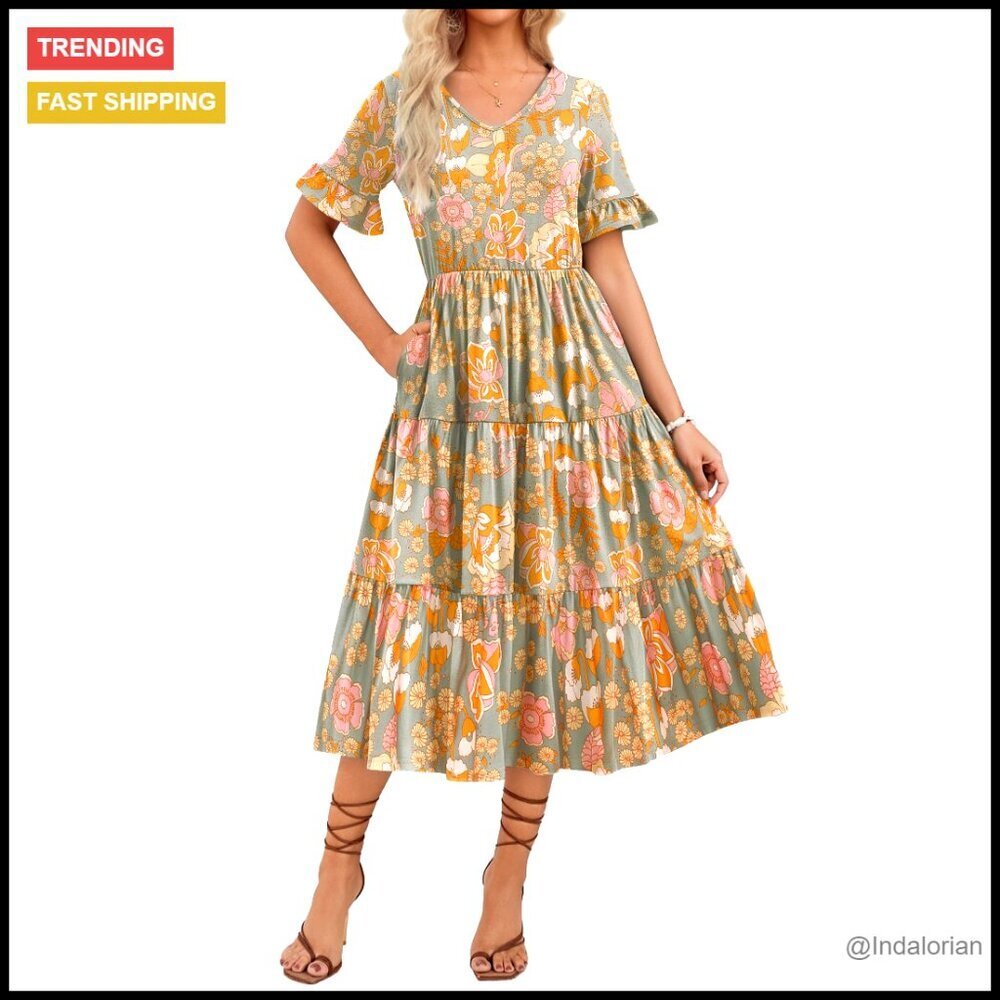 Floral Midi Dress Tiered Ruffle Sleeve V Neck Casual Summer Beach Wedding Guest